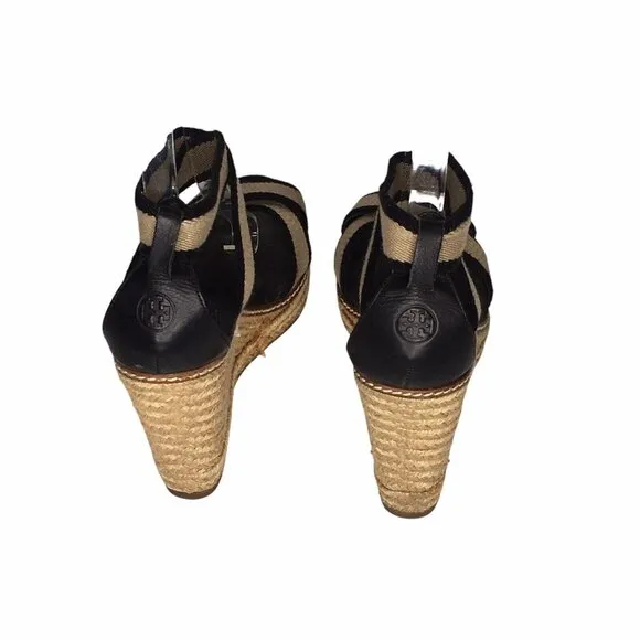 Tory Burch Frieda Espadrille Wedge Sandals Women  Size 9B Black Tan Summer