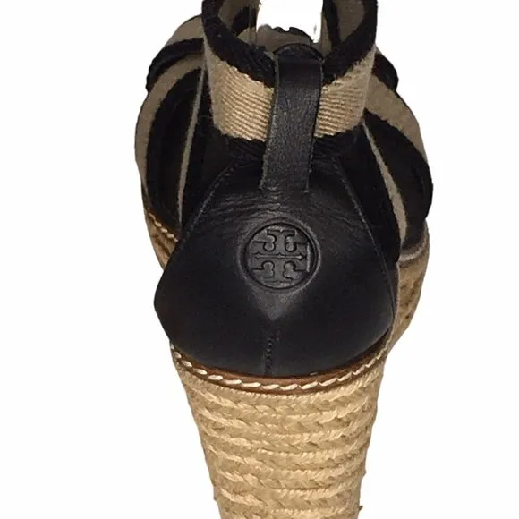 Tory Burch Frieda Espadrille Wedge Sandals Women  Size 9B Black Tan Summer