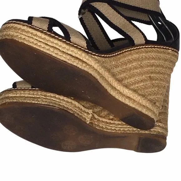 Tory Burch Frieda Espadrille Wedge Sandals Women  Size 9B Black Tan Summer