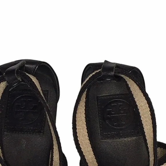 Tory Burch Frieda Espadrille Wedge Sandals Women  Size 9B Black Tan Summer