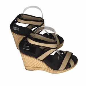 Tory Burch Frieda Espadrille Wedge Sandals Women  Size 9B Black Tan Summer