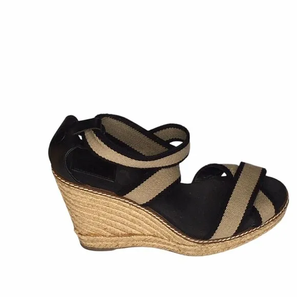 Tory Burch Frieda Espadrille Wedge Sandals Women  Size 9B Black Tan Summer