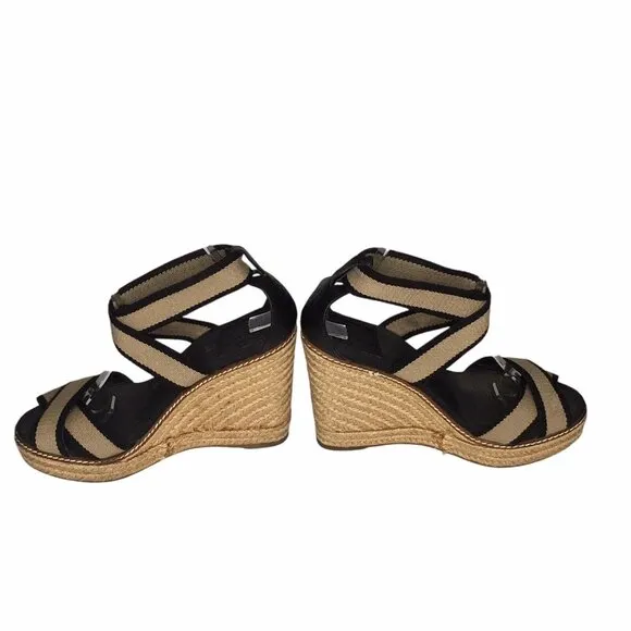 Tory Burch Frieda Espadrille Wedge Sandals Women  Size 9B Black Tan Summer
