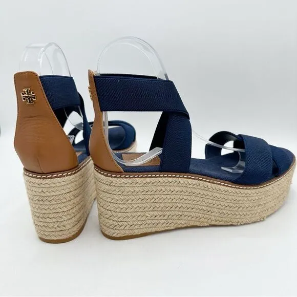 Tory Burch Frieda Navy Blue Elastic Strap Espadrille Platform Sandals Sz 8.5M