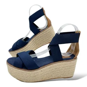 Tory Burch Frieda Navy Blue Elastic Strap Espadrille Platform Sandals Sz 8.5M