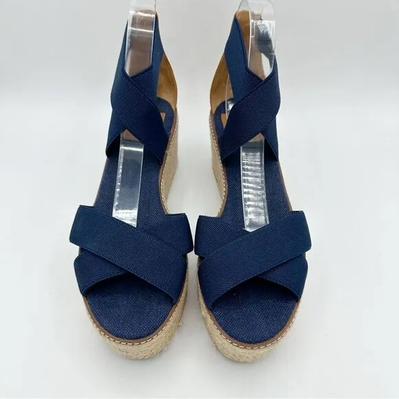 Tory Burch Frieda Navy Blue Elastic Strap Espadrille Platform Sandals Sz 8.5M