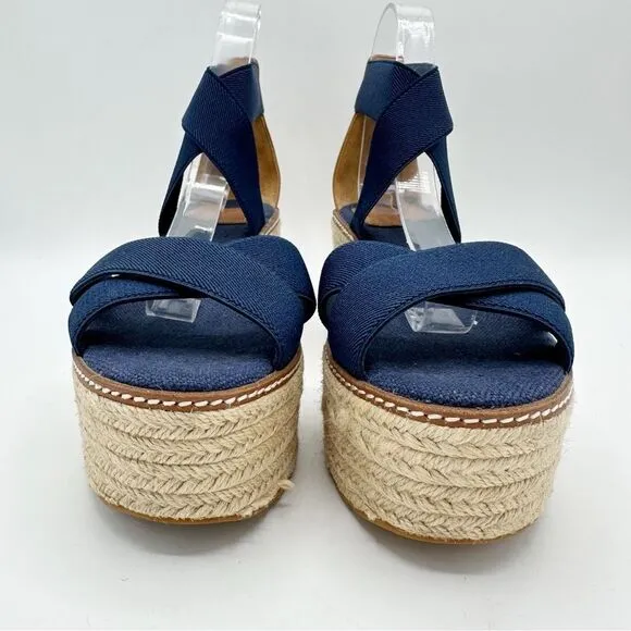 Tory Burch Frieda Navy Blue Elastic Strap Espadrille Platform Sandals Sz 8.5M