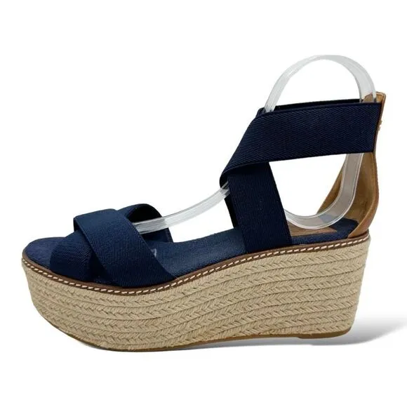 Tory Burch Frieda Navy Blue Elastic Strap Espadrille Platform Sandals Sz 8.5M