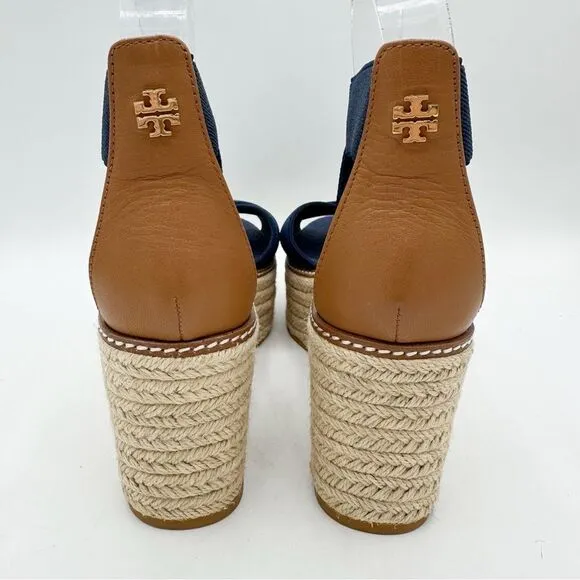 Tory Burch Frieda Navy Blue Elastic Strap Espadrille Platform Sandals Sz 8.5M