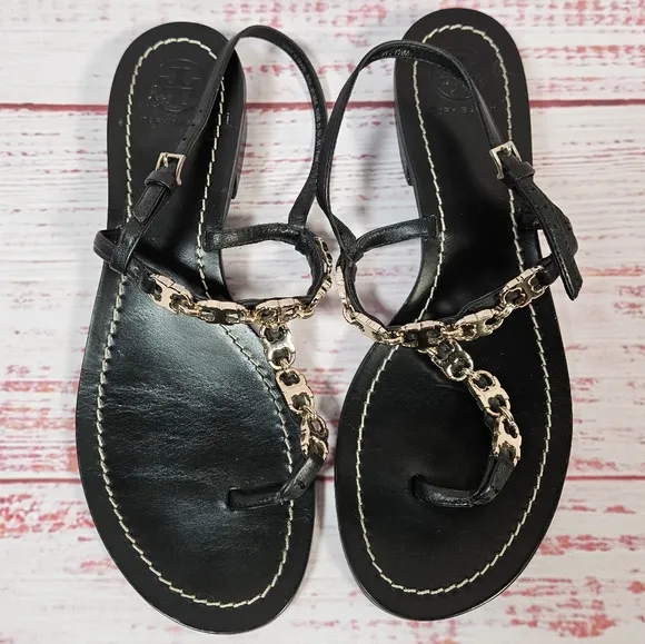 Tory Burch Gemini Chain Link Sandals In Black