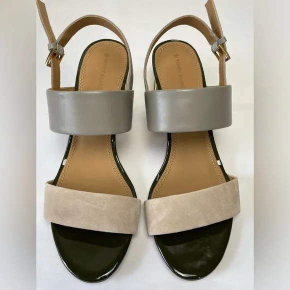 Tory Burch Grey Heron/Light Taupe Calf leather /Suede Platform block sandals 9