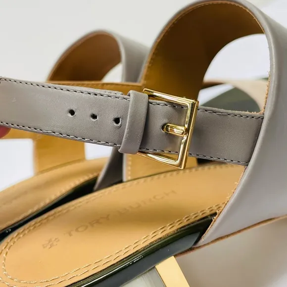 Tory Burch Grey Heron/Light Taupe Calf leather /Suede Platform block sandals 9