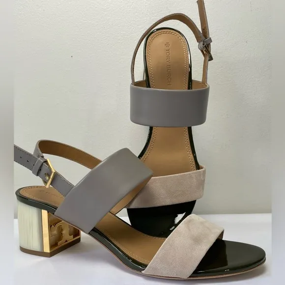 Tory Burch Grey Heron/Light Taupe Calf leather /Suede Platform block sandals 9