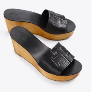 Tory Burch Ines Wedge Slides Calf Leather Metallic Perfect Black Sandals