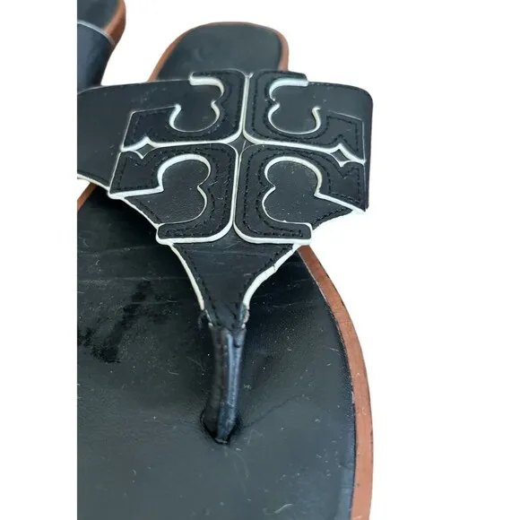 TORY BURCH Jamie Women's Sandal Full Logo Leather Thong  Black Size 6
