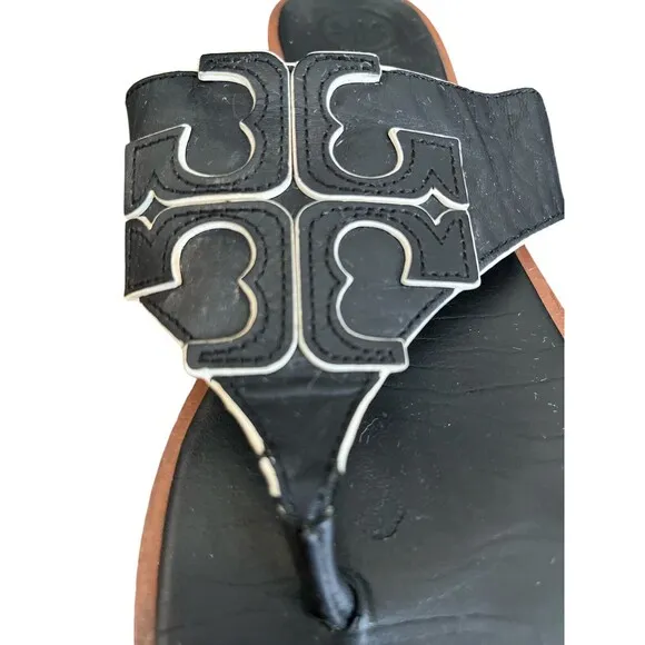 TORY BURCH Jamie Women's Sandal Full Logo Leather Thong  Black Size 6