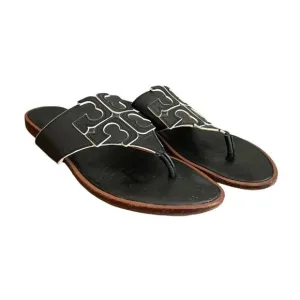 TORY BURCH Jamie Women's Sandal Full Logo Leather Thong  Black Size 6
