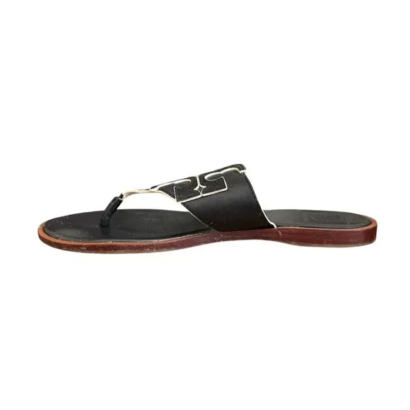 TORY BURCH Jamie Women's Sandal Full Logo Leather Thong  Black Size 6