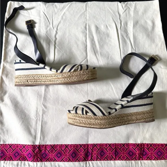 Tory Burch Karissa Striped Espadrille Wedge Sandals Red &amp; Blue 9