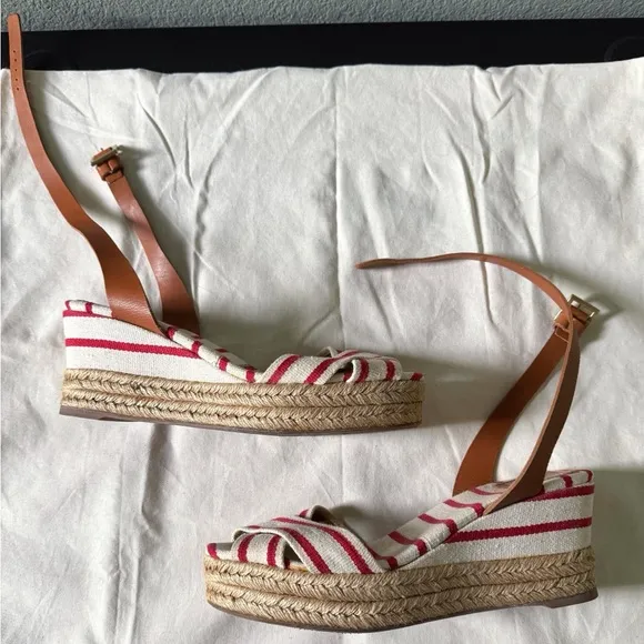 Tory Burch Karissa Striped Espadrille Wedge Sandals Red &amp; Blue 9