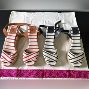 Tory Burch Karissa Striped Espadrille Wedge Sandals Red &amp; Blue 9