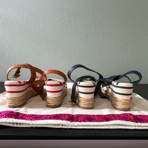 Tory Burch Karissa Striped Espadrille Wedge Sandals Red &amp; Blue 9