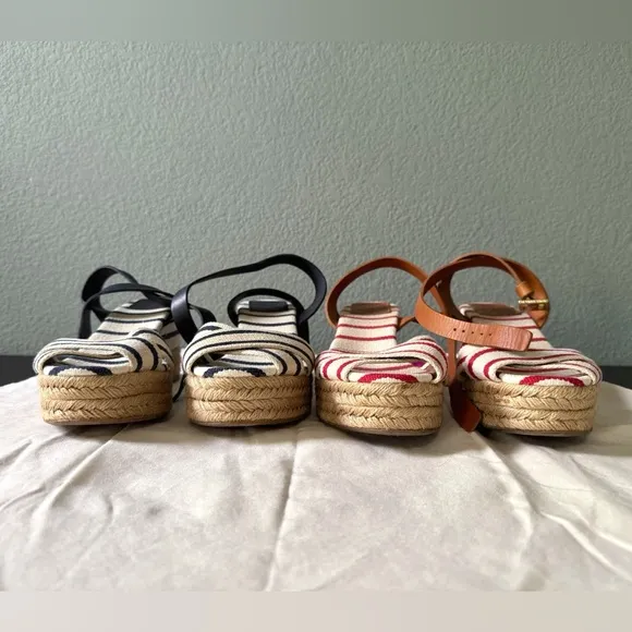 Tory Burch Karissa Striped Espadrille Wedge Sandals Red &amp; Blue 9
