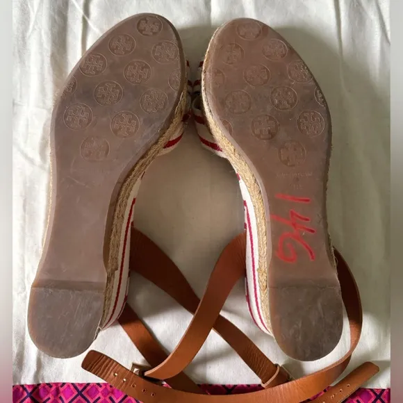 Tory Burch Karissa Striped Espadrille Wedge Sandals Red &amp; Blue 9