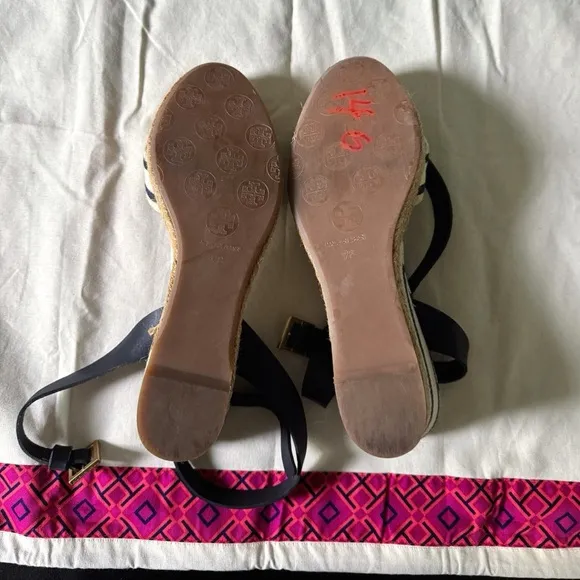 Tory Burch Karissa Striped Espadrille Wedge Sandals Red &amp; Blue 9