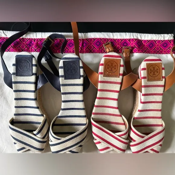 Tory Burch Karissa Striped Espadrille Wedge Sandals Red &amp; Blue 9