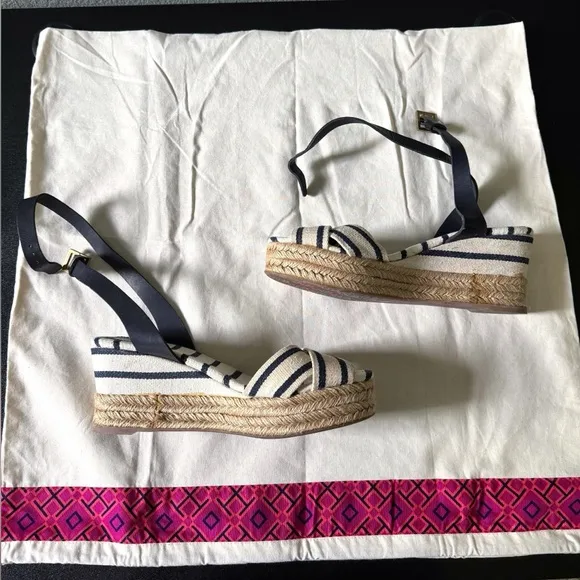 Tory Burch Karissa Striped Espadrille Wedge Sandals Red &amp; Blue 9