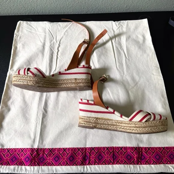 Tory Burch Karissa Striped Espadrille Wedge Sandals Red &amp; Blue 9