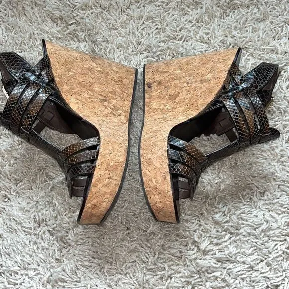 TORY BURCH Leslie Brown Snake Strappy Wedge Platform Sandals  8.5