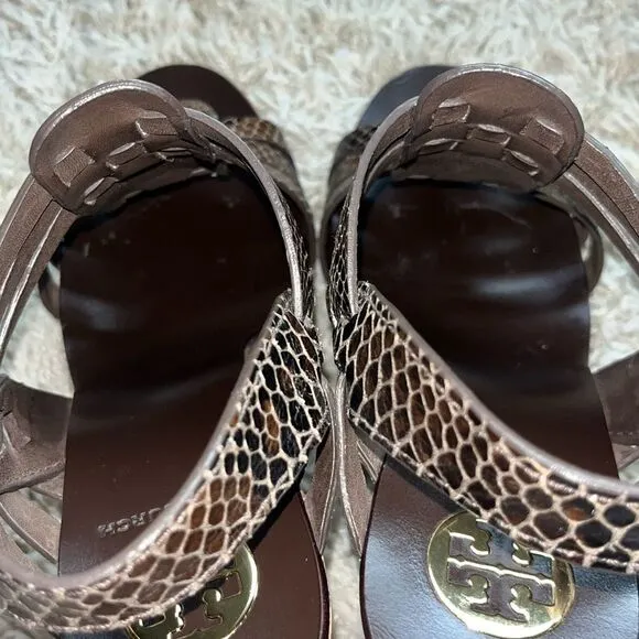 TORY BURCH Leslie Brown Snake Strappy Wedge Platform Sandals  8.5