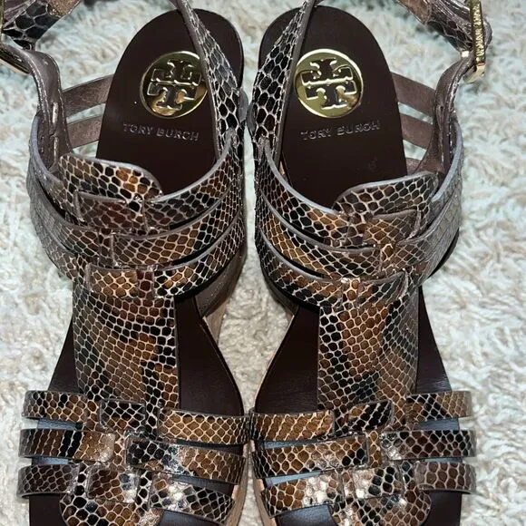 TORY BURCH Leslie Brown Snake Strappy Wedge Platform Sandals  8.5