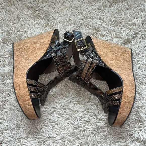 TORY BURCH Leslie Brown Snake Strappy Wedge Platform Sandals  8.5