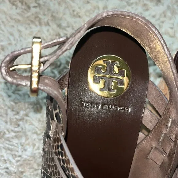 TORY BURCH Leslie Brown Snake Strappy Wedge Platform Sandals  8.5