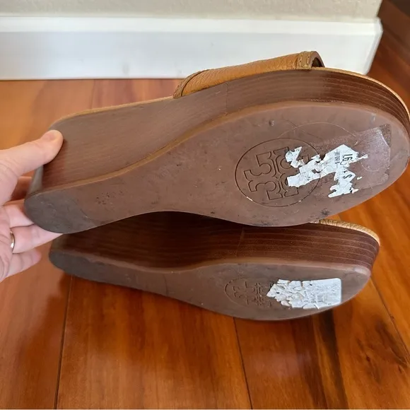 Tory Burch Light Brown Leather Platform Wedge Sandals Size 10