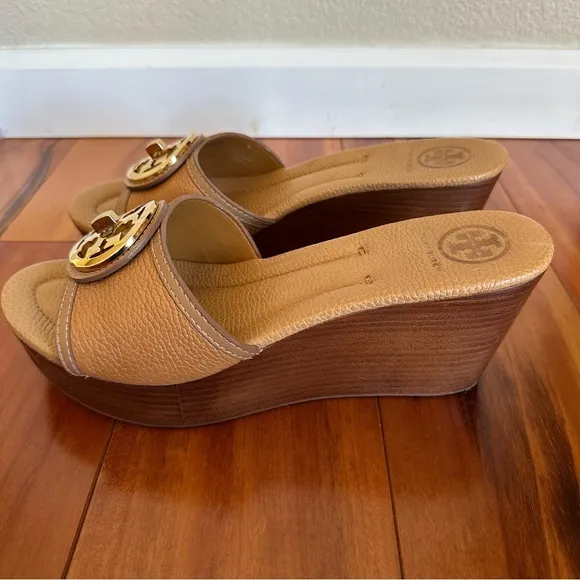 Tory Burch Light Brown Leather Platform Wedge Sandals Size 10