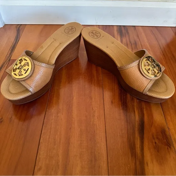 Tory Burch Light Brown Leather Platform Wedge Sandals Size 10