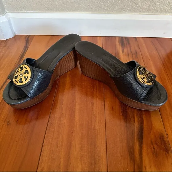 Tory Burch Light Navy Blue Leather Platform Wedge Sandals Size 10