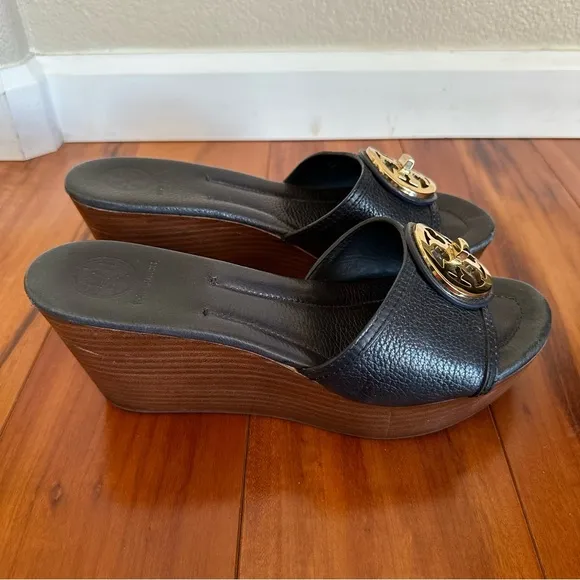 Tory Burch Light Navy Blue Leather Platform Wedge Sandals Size 10