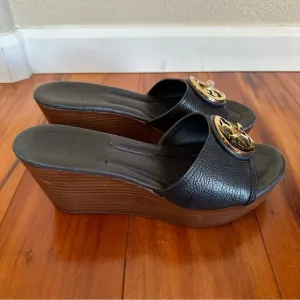 Tory Burch Light Navy Blue Leather Platform Wedge Sandals Size 10