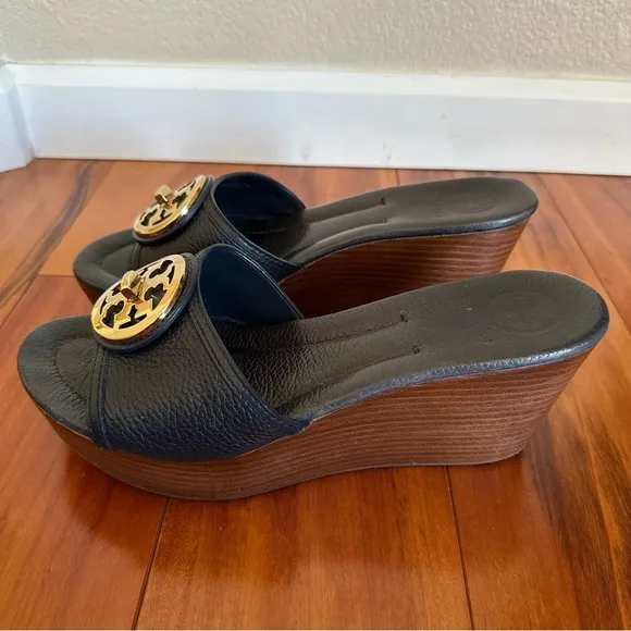 Tory Burch Light Navy Blue Leather Platform Wedge Sandals Size 10