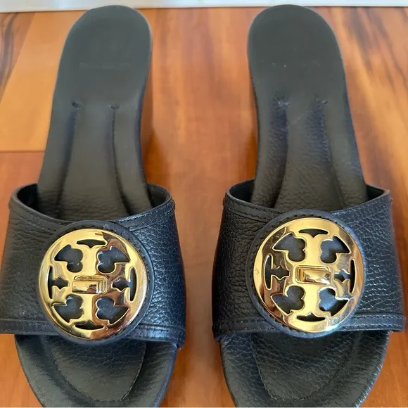 Tory Burch Light Navy Blue Leather Platform Wedge Sandals Size 10