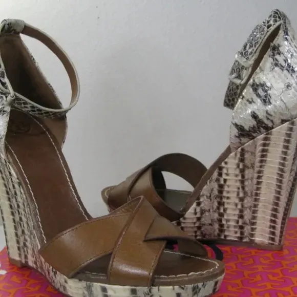 Tory Burch Livia genuine snakeskin wedge sandals size 8