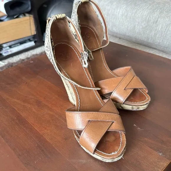 Tory Burch Livia genuine snakeskin wedge sandals size 8