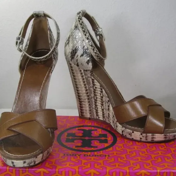 Tory Burch Livia genuine snakeskin wedge sandals size 8