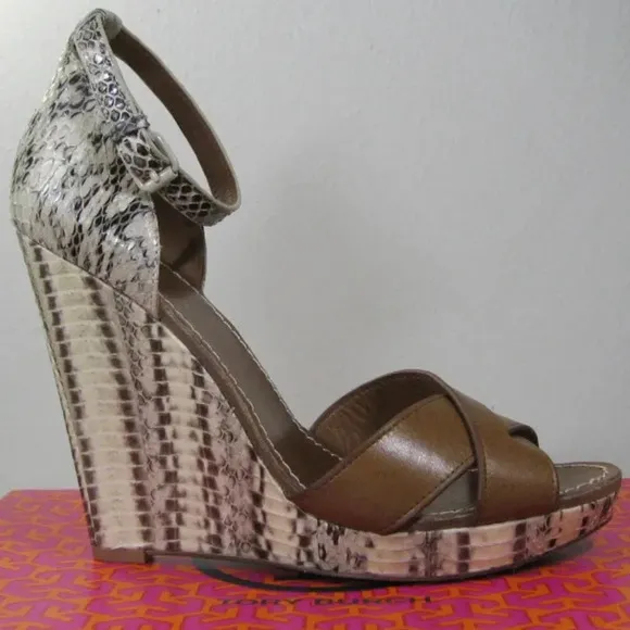 Tory Burch Livia genuine snakeskin wedge sandals size 8