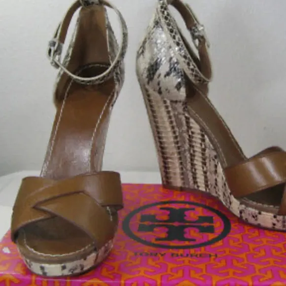 Tory Burch Livia genuine snakeskin wedge sandals size 8